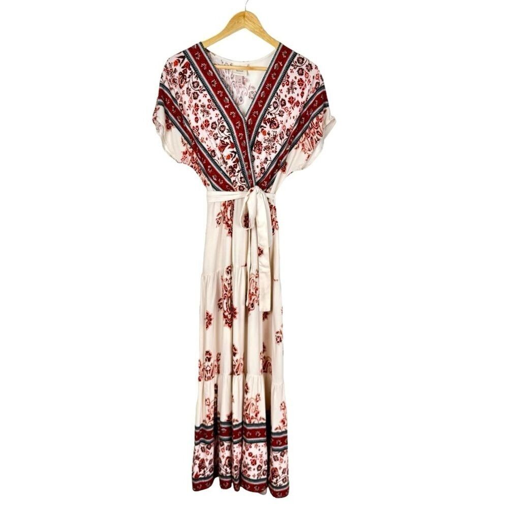 Knox Rose Womens Faux Wrap Belted‎ Maxi Dress XS Boho Hippie Prairie Peasant